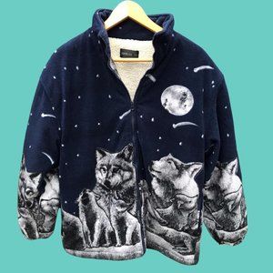 Wolves howling at moon blue fleece wool lining zip up Simran jacket Size Medium